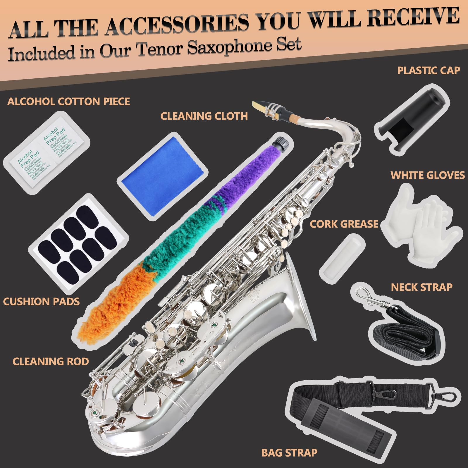 EASTROCK Nickel Tenor Saxophone B Flat Tenor Sax Professional Tenor Saxophone for Beginners Students Kids and Musicians with Car